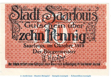 Notgeld Stadt Saarlouis , 10 Pfennig Schein in kfr. Tieste 6350.05.40 von 1919 , Rheinland Verkehrsausgabe