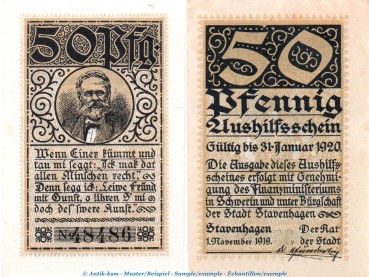 Notgeld Stadt Stavenhagen , 50 Pfennig Kn.5 in kfr. von 1919 , Mecklenburg Verkehrsausgabe