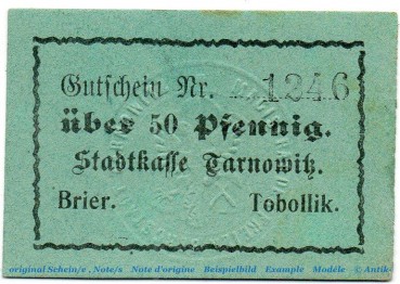 Notgeld Stadt Tarnowitz 7285.25.71 , 50 Pfennig Schein in kfr. o.D. , Oberschlesien Verkehrsausgabe