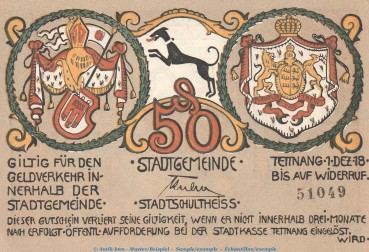 Notgeld Stadt Tettnang , 50 Pfennig Schein -3.Aufl- in kfr. Tieste 7310.05.15 von 1918 , Württemberg Verkehrsausgabe