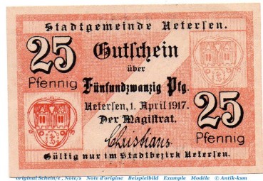 Notgeld Stadt Uetersen 7515.05.05 , 25 Pfennig Schein in kfr. von 1917 , Schleswig Holstein Verkehrsausgabe