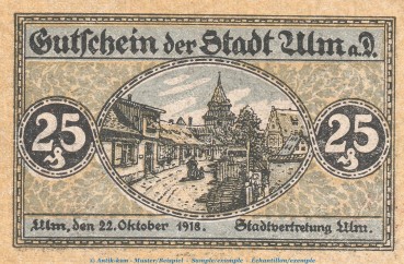 Notgeld Stadt Ulm , 25 Pfennig Schein in kfr. Tieste 7520.10.01 von 1918 , Württemberg Verkehrsausgabe