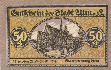 Notgeld Stadt Ulm , 50 Pfennig Schein in kfr. Tieste 7520.10.02 von 1918 , Württemberg Verkehrsausgabe