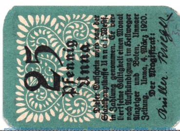 Notgeld Stadt Unna 7525.05.05 , 25 Pfennig Schein in kfr. von 1920 , Westfalen Verkehrsausgabe