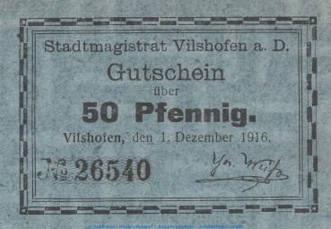 Notgeld Stadt Vilshofen , 50 Pfennig Schein in kfr. Tieste 7610.05.26 von 1916 , Bayern Verkehrsausgabe