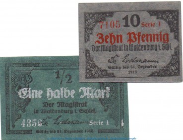 Notgeld Stadt Waldenburg 7660.15.005-006 , Set mit 2 Scheinen in kfr. o.D. Schlesien Verkehrsausgabe