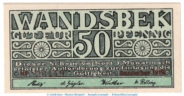 Notgeld Stadt Wandsbek , 50 Pfennig Schein in kfr. Tieste 7695.10.10 von 1919 , Schleswig Holstein Verkehrsausgabe