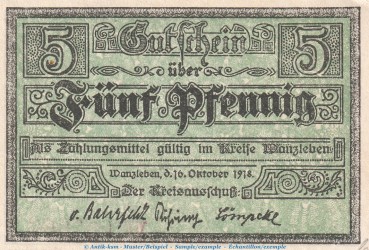 Notgeld Stadt Wanzleben , 5 Pfennig Schein in kfr. Tieste 7710.05.05 von 1918 , Sachsen Anhalt Verkehrsausgabe