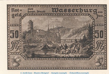 Notgeld Stadt Wasserburg 7725.05.01 , 50 Pfennig Schein in kfr. von 1920 , Bayern Verkehrsausgabe