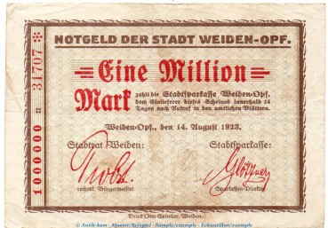 Notgeld Stadt Weiden Opf. 1 Million Mark in gbr. Keller 5491.d von 192Notgeld Stadt Weiden Opf. 1 Million Mark in gbr. Keller 5491.d von 1923 , Bayern Inflation3 , Bayern Inflation