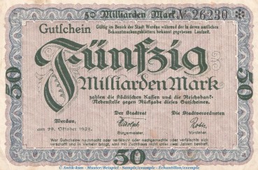 Notgeld Stadt Werdau , 50 Milliarden Mark Schein in gbr.E Keller 5545.c von 1923 , Sachsen Inflation