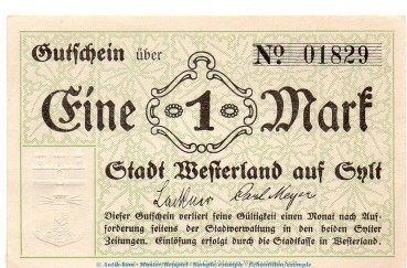 Notgeld Stadt Westerland , 1 Mark Schein in kfr. Geiger 548.01 o.D. Schleswig Holstein Großnotgeld