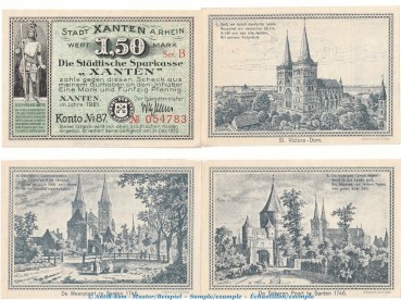 Notgeld Stadt Xanten 1465.1.a , Set mit 4 Scheinen in kfr. von 1921 , Westfalen Seriennotgeld