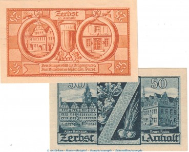 Notgeld Stadt Zerbst 1469.1 , Set mit 2 Scheinen in kfr. von 1921 , Sachsen Anhalt Seriennotgeld