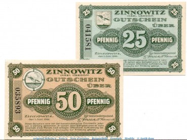 Notgeld Stadt Zinnowitz 8225.05.05-06 , Set mit 2 Scheinen in kfr. von 1921 , Pommern Verkehrsausgabe