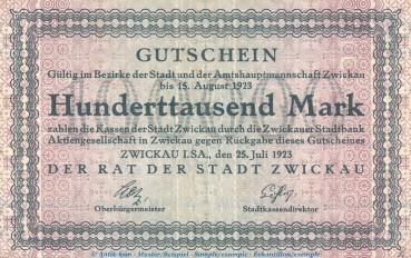 Notgeld Stadt Zwickau , 100.000 Mark Schein in gbr. Keller 5833.a von 1923 , Sachsen Inflation