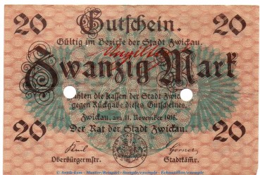 Notgeld Stadt Zwickau , 20 Mark Schein in gbr.E. Geiger 583.02 von 1918 , Sachsen Großnotgeld