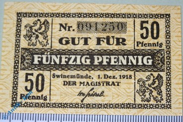 Notgeld Swinemünde , 50 Pfennig Schein , Tieste 6245.05.10 , von 1918 , Pommern Verkehrsausgabe