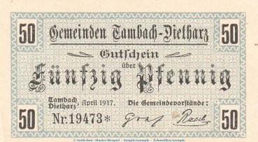 Notgeld Tambach Dietharz , 50 Pfennig Schein in kfr. Tieste 7260.05.05 von 1917 , Sachsen Verkehrsausgabe