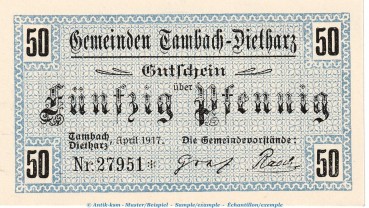 Notgeld Tambach Dietharz , 50 Pfennig Schein in kfr. Tieste 7260.05.10 von 1917 , Sachsen Verkehrsausgabe