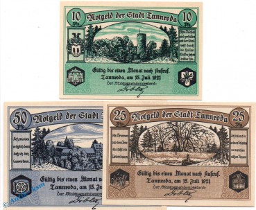 Notgeld Stadt Tannroda 1310.1 , Set mit 3 Scheinen in kfr. von 1921 , Thüringen Seriennotgeld