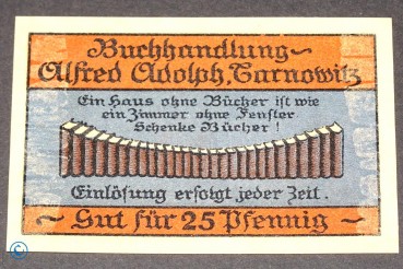 Notgeld Tarnowitz , Buchhandlung Adolph , 25 Pfennig Schein , Mehl Grabowski 1311.1 a , polnisch Oberschlesien Seriennotgeld