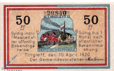 Notgeld Tingleff , 50 Pfennig Schein , Mehl Grabowski 1325.3 , von 1920 , dänisch Nordschleswig Seriennotgeld