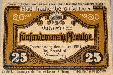 Notgeld Trachenberg , 25 Pfennig Schein , Kn schwarz , Tieste 7390.10.10 , von 1919 , Schlesien Verkehrsausgabe