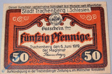 Notgeld Trachenberg , 50 Pfennig Schein , Kn. schwarz , Tieste 7390.10.11 , von 1918 , Schlesien Verkehrsausgabe