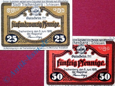 Notgeld Trachenberg , kompletter Satz mit 2 Scheinen , Tieste 7390.10 - 11 , von 1919 , Schlesien Verkehrsausgabe