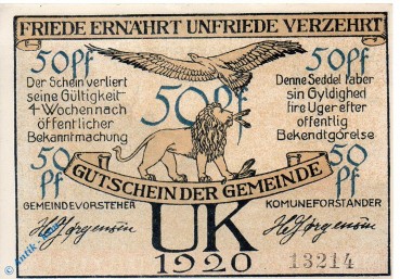 Notgeld Uk , Uge , 50 Pfennig Schein , Mehl Grabowski 1353.1 , von 1920 , dänisch Nordschleswig Seriennotgeld