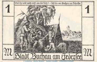 Notgeld V.f. A. und Heimatkunde Buchau 197.1 , 1 Mark Schein in kfr. von 1921 , Württemberg Seriennotgeld