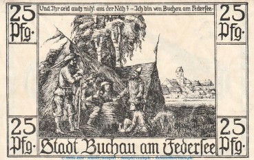 Notgeld V.f.A. und Heimatkunde Buchau 197.1 , 25 Pfennig Schein in kfr. von 1921 , Württemberg Seriennotgeld