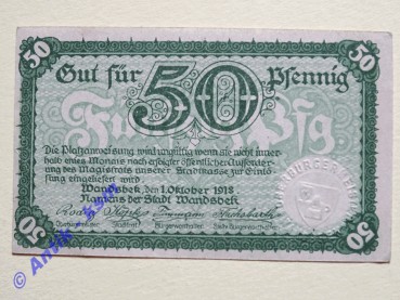 Notgeld Wandsbeck , Schleswig Holstein , Einzelschein über 50 Pfennig , Tieste 7695.05 , von 1918 , Verkehrsausgabe