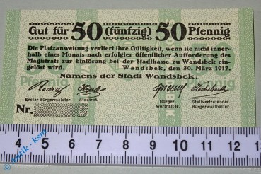 Notgeld Wandsbek , 50 Pfennig Schein ohne Kennummer , Tieste 7695.10.01.M , von 1917 , Hamburg Verkehrsausgabe