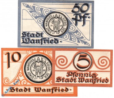 Notgeld Wanfried , Set mit 3 Scheinen , Tieste 7700.05.01 bis 03 , Hessen Verkehrsausgabe