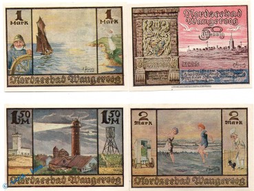 Notgeld Wangeroog , Handelsbank , Set mit 4 Scheinen in kfr. Mehl Grabowski 1375.1 , Niedersachsen SeriennotgeldNotgeld Wangeroog , Handelsbank , Set mit 4 Scheinen in kfr. Mehl Grabowski 1375.1 , Niedersachsen Seriennotgeld