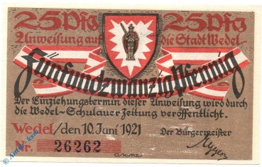 Notgeld Wedel , Einzelschein über 25 Pfennig , Raster = 29 mm , Mehl Grabowski 1387.1 B , Schleswig Holstein Seriennotgeld