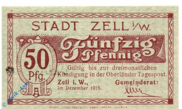 Notgeld Zell , 50 Pfennig Schein , Tieste 8185.05.01 , von 1918 , Baden Verkehrsausgabe