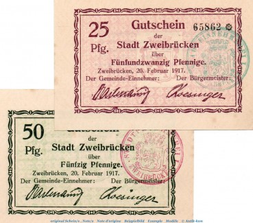 Notgeld Zweibrücken , 25 und 50 Pfennig , Tieste 8295.10.01 und 02 , von 1917 , Pfalz Verkehrsausgabe