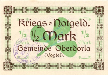 Oberdorla , Notgeld 1 halbe Mark Schein in unc-kfr. Ti.5225.05.065 , Thüringen o.D. Verkehrsausgabe