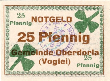 Oberdorla , Notgeld 25 Pfennig Schein in unc-kfr. Ti.5225.05.005 , Thüringen o.D. Verkehrsausgabe