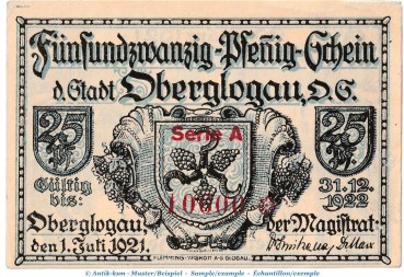 Oberglogau M-G 994.1.a , Notgeld 25 Pf. --KN und Serie-- in kfr. von 1921 , Oberschlesien Seriennotgeld