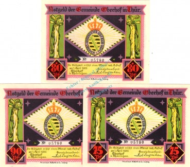 Oberhof , Notgeld Set -3 x Nummerngleich- unc-kfr. M-G 996.5 , Thüringen 1922 Seriennotgeld