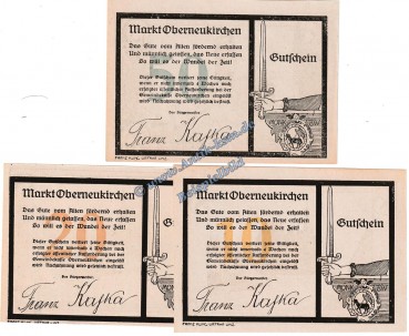 Oberneukirchen , Notgeld Set mit 3 Scheinen in kfr. K-K 691.a , Oberösterreich o.D.