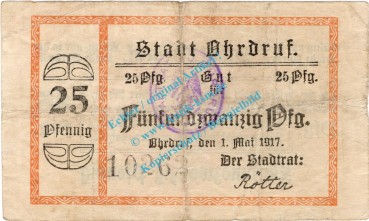 Ohrdruf , Notgeld 25 Pfennig Schein in gbr. Tieste 5350.05.02 , Thüringen 1917 Verkehrsausgabe