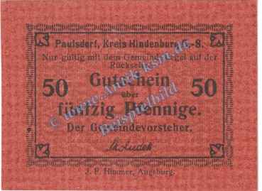 Paulsdorf , Notgeld 50 Pfennig Schein in kfr. Tieste 5525.05.10 , Oberschlesien o.D. Verkehrsausgabe