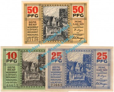 Peine , Notgeld Set mit 3 Scheinen in unc. Tieste 5540.10.05-07 , Niedersachsen 1920 Verkehrsausgabe