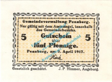 Penzberg , Notgeld 50 Pfennig Schein in kfr. Tieste 5560.05.10 , Bayern 1917 Verkehrsausgabe