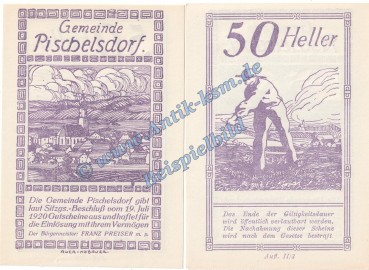 Pischelsdorf , Notgeld 50 Heller Schein in kfr. K-K S752.IV Notgeld 1920 Oberösterreich